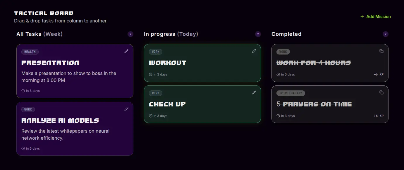 Tactical Board – Kanban task view with XP rewards